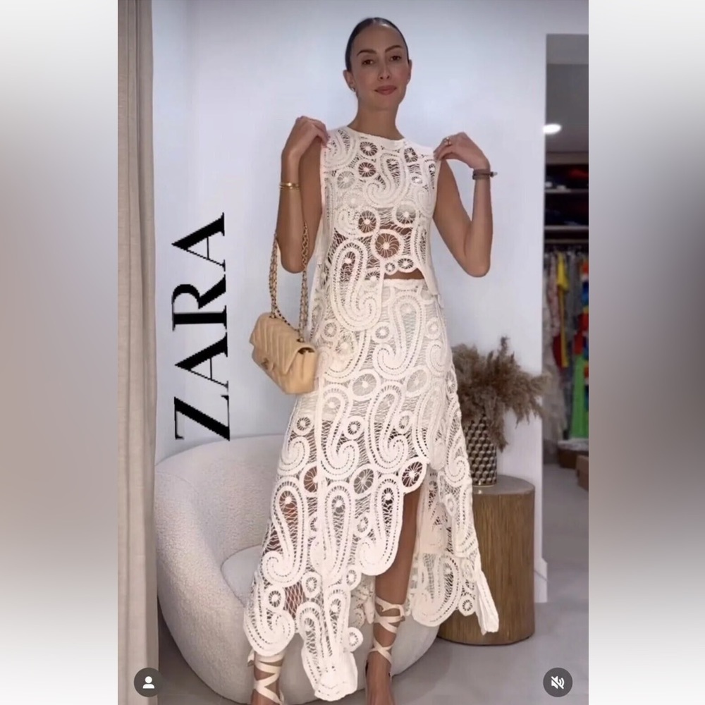 NEW ZARA COTTON ASYMMETRIC CROCHET STRAW SKIRT SZ S REF 2712/012 - Picture 7 of 16